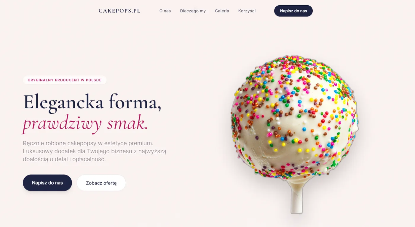 Pełny screenshot pierwszego ekranu strony Cakepops.pl