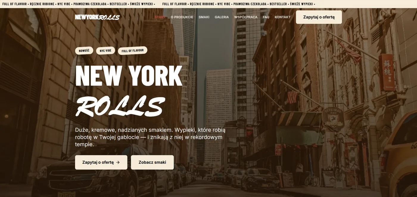 Pełny screenshot pierwszego ekranu strony New York Rolls